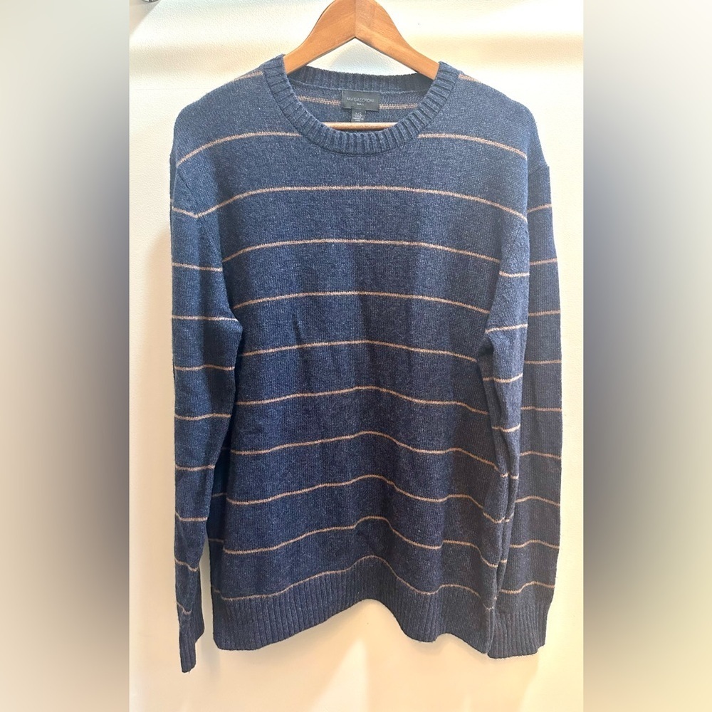 Magaschoni Man Wool Blend Blue Crewneck Stripe Sweater Size Large
